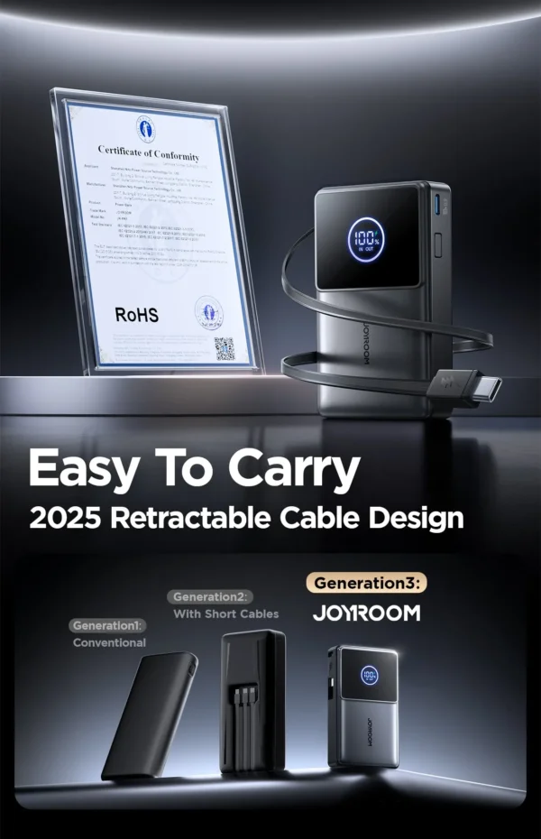 باور بانك JR-PR1 بسعة 10000mAh مع كابل ممتد 70 سم - أسود