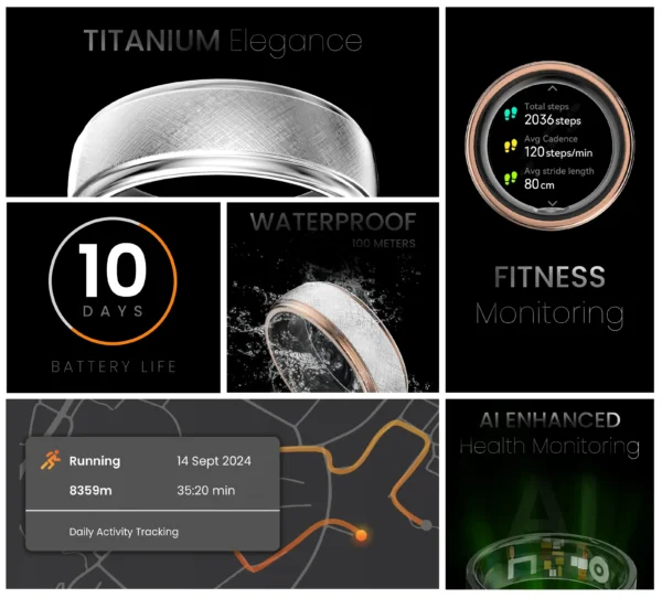 خاتم ذكي لمتابعة الصحة FutureRing 2 هيكل تيتانيوم، مقاوم للماء 100م، بطارية 10 أيام HiFuture