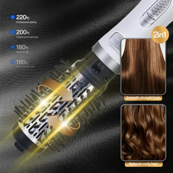 فرشاة دوّارة 2*1 بقوة 1000 واط  –  3 درجات حرارة تصفيف احترافي بلمسة زر