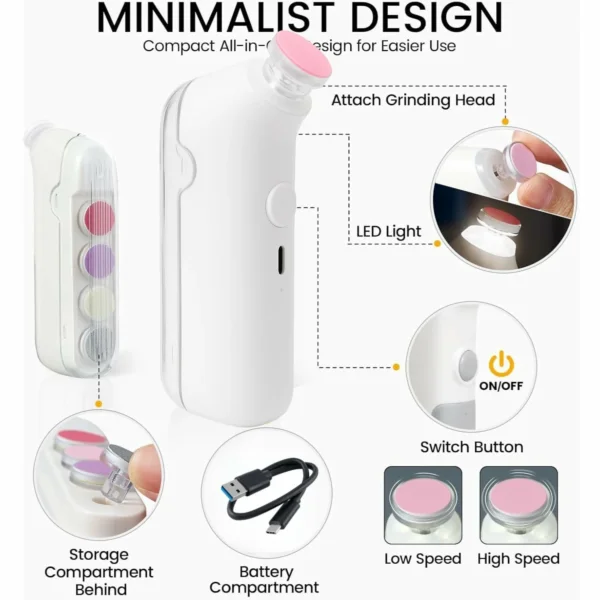 مبرد أظافر أطفال كهربائي آمن وهادئ مع إضاءة LED – قصّ بلا ألم من أول يوم (11) مبرد أظافر أطفال كهربائي آمن وهادئ مع إضاءة LED – قصّ بلا ألم من أول يوم