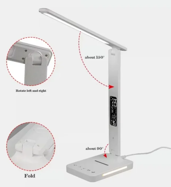 مصباح مكتب LED قابل للطي مع شحن لاسلكي وشاشة رقمية ذكية