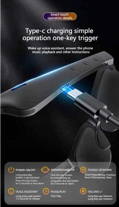 نظارات HY الذكية بالصوت المدمج بطارية قوية حماية شمسية للعينين للاستخدام الخارجي