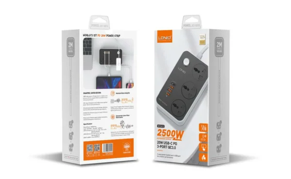 وصلة كهرباء عالمية 3 مخارج + 4 منافذ USB شحن سريع LDNIO قدرة 2500W وشحن 38W