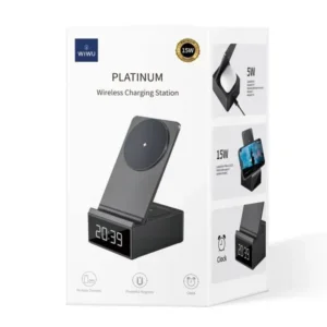 شاحن لاسلكي ثلاثي الوظائف من WIWU Wi-W011 بشاشة ساعة ودعم شحن سريع 15 واط للهواتف والأيربودز - أسود