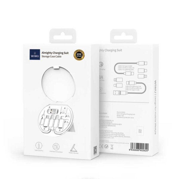 شاحن WIWU Almighty سعة 60 واط مع كابلات متعددة USB-C وLightning وميكرو USB - لون أبيض