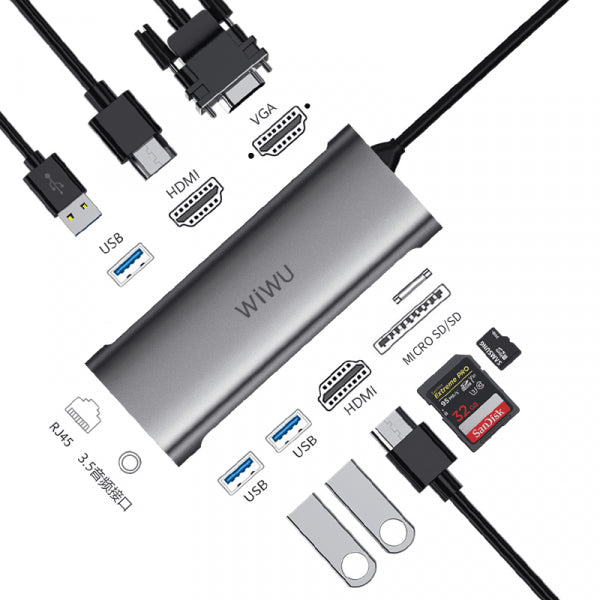6973218930145-2.jpg محول USB3.0 متعدد المنافذ WIWU Alpha A11312H بمنافذ HDMI وVGA وSD وTF وRJ45 وأudio - لون رمادي