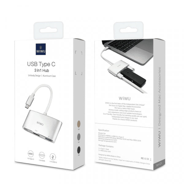 كيبل شحن واي فاي WIWU Alpha C2H بمنفذ USB3.0 ومنفذ Type-C ومنفذ HDMI - اللون الرمادي