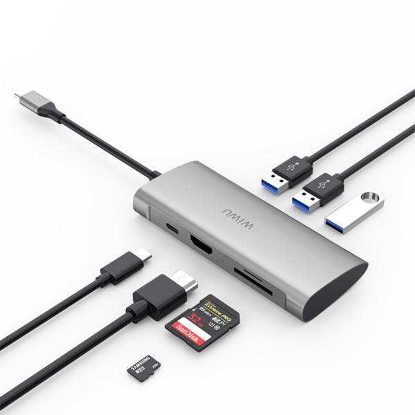 محول USB HDMI Alpha 731HP من WIWU - 3 منافذ USB 3.0 + منفذ Type C + HDMI + Micro SD + SD - اللون الرمادي