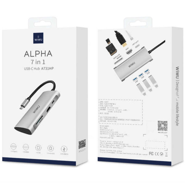 محول USB HDMI Alpha 731HP من WIWU - 3 منافذ USB 3.0 + منفذ Type C + HDMI + Micro SD + SD - اللون الرمادي