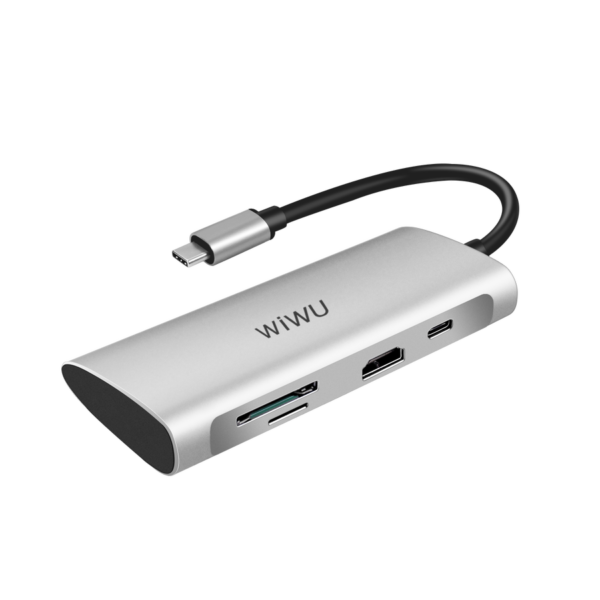 محول USB HDMI Alpha 731HP من WIWU - 3 منافذ USB 3.0 + منفذ Type C + HDMI + Micro SD + SD - اللون الرمادي