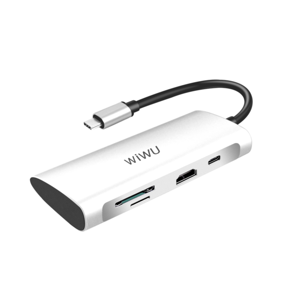 محول USB HDMI Alpha 731HP من WIWU - 3 منافذ USB 3.0 + منفذ Type C + HDMI + Micro SD + SD - اللون الرمادي
