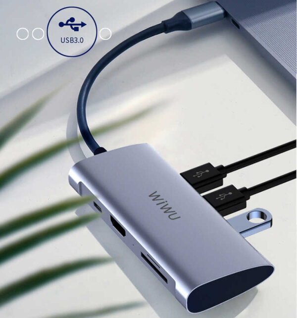 محول USB HDMI Alpha 731HP من WIWU - 3 منافذ USB 3.0 + منفذ Type C + HDMI + Micro SD + SD - اللون الرمادي