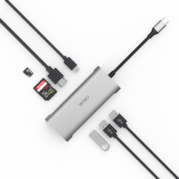 محول USB HDMI Alpha 731HP من WIWU - 3 منافذ USB 3.0 + منفذ Type C + HDMI + Micro SD + SD - اللون الرمادي