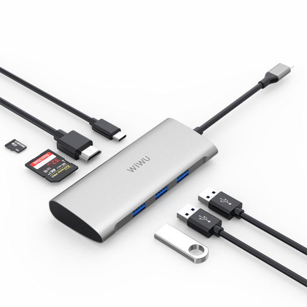 محول USB HDMI Alpha 731HP من WIWU - 3 منافذ USB 3.0 + منفذ Type C + HDMI + Micro SD + SD - اللون الرمادي