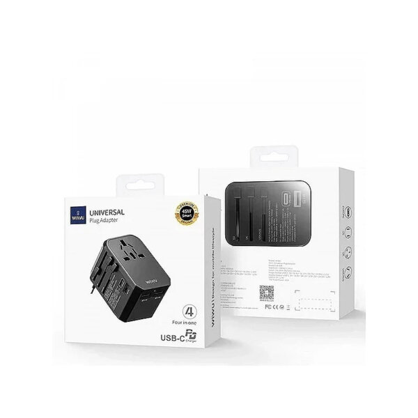 محول قابس عالمي WIWU UA-304 أسود 4 في 1 مع منافذ USB متعددة للشحن السريع