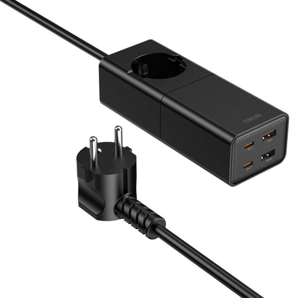 شاحن GaN 100 واط من WIWU بمنفذ USB-C مزدوج وUSB-A لشحن سريع وآمن