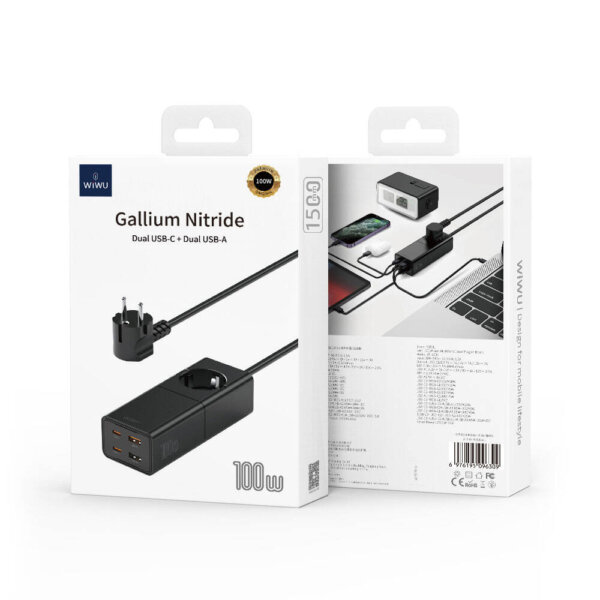 شاحن GaN 100 واط من WIWU بمنفذ USB-C مزدوج وUSB-A لشحن سريع وآمن