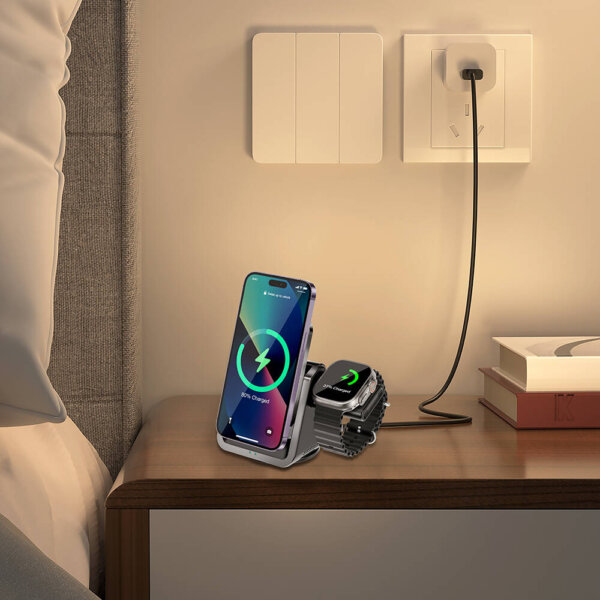 6976195097801-7.jpg شاحن لاسلكي 3 في 1 WIWU Wi-W018 بقدرة 15W لشحن الهاتف والساعة والسماعات - أسود