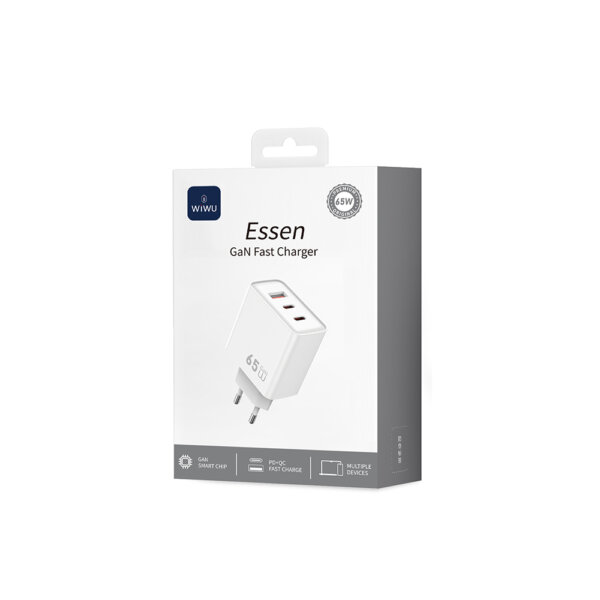 شاحن سريع 65 واط WIWU Essen GaN بمنفذ USB-A وUSB-C مزدوج لشحن سريع