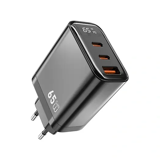 شاحن سريع 65 واط WIWU Firefly GaN بمنفذين C+1A 65W للهواتف الذكية والأجهزة اللوحية - لون رمادي