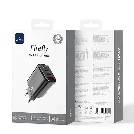شاحن سريع 65 واط WIWU Firefly GaN بمنفذين C+1A 65W للهواتف الذكية والأجهزة اللوحية - لون رمادي