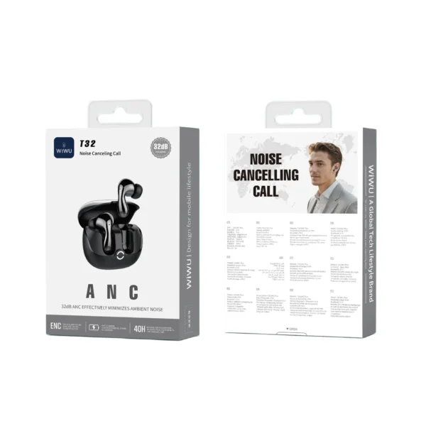 سماعة WIWU T32ENC بلاس إلغاء الضوضاء مع تقنية ANC وENC - أسود