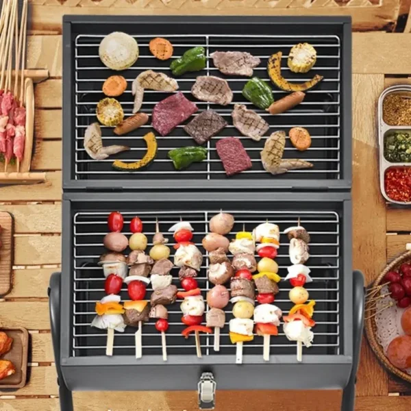جريل فحم محمول 2 في 1 – تصميم مزدوج للشوي والتدخين مع مقبض حمل