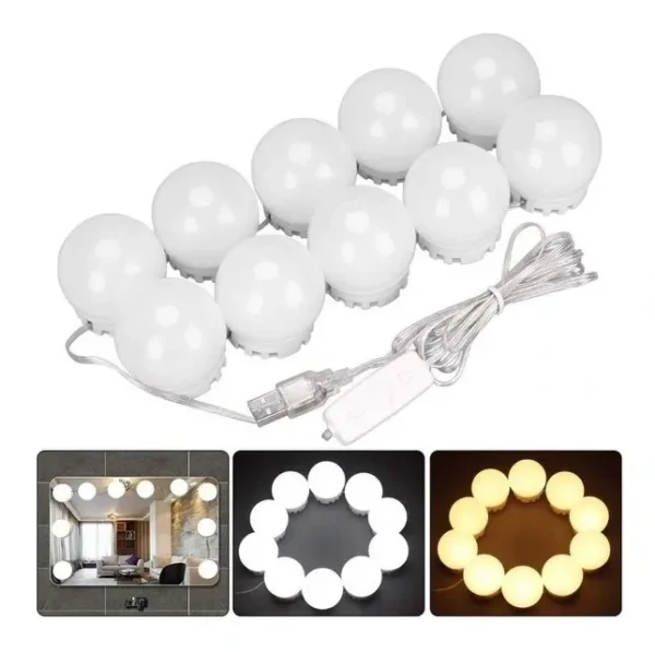 حبل إضاءة مرآة مكياج LED – شريط 10 لمبات بإضاءة قابلة للتعديل USB بطول 5 متر