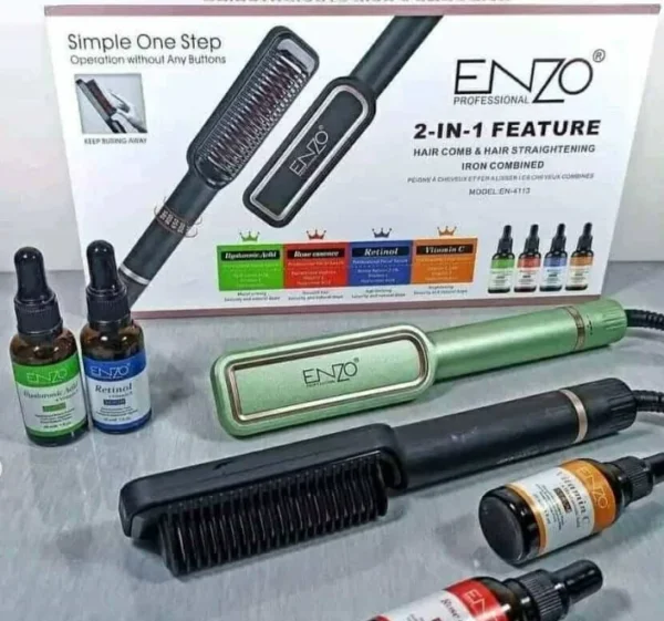 مشط تمليس الشعر 2 في 1 من ENZO سيراميك تورمالين مع اربع سيرومات