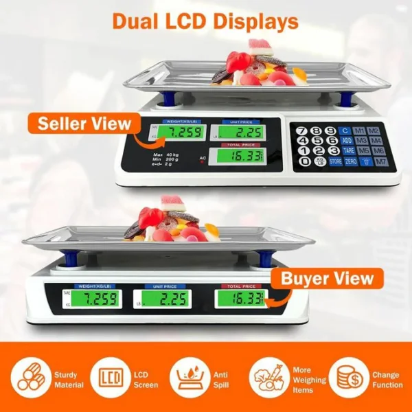 ميزان إلكتروني لحساب السعر سعة 40 كجم بشاشة LCD و إضاءة ليلية