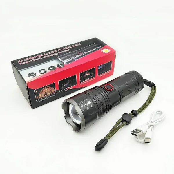 كشاف يدوي LED فائق القوة قابل للشحن Type-C مع باور بانك مع زووم تلسكوبي (1) كشاف يدوي LED فائق القوة قابل للشحن Type-C مع باور بانك و زووم تلسكوبي
