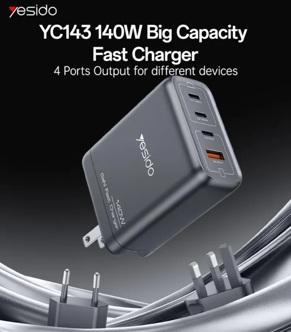 YC143 EU charger من YESIDO شاحن GaN 140W عالي السرعة