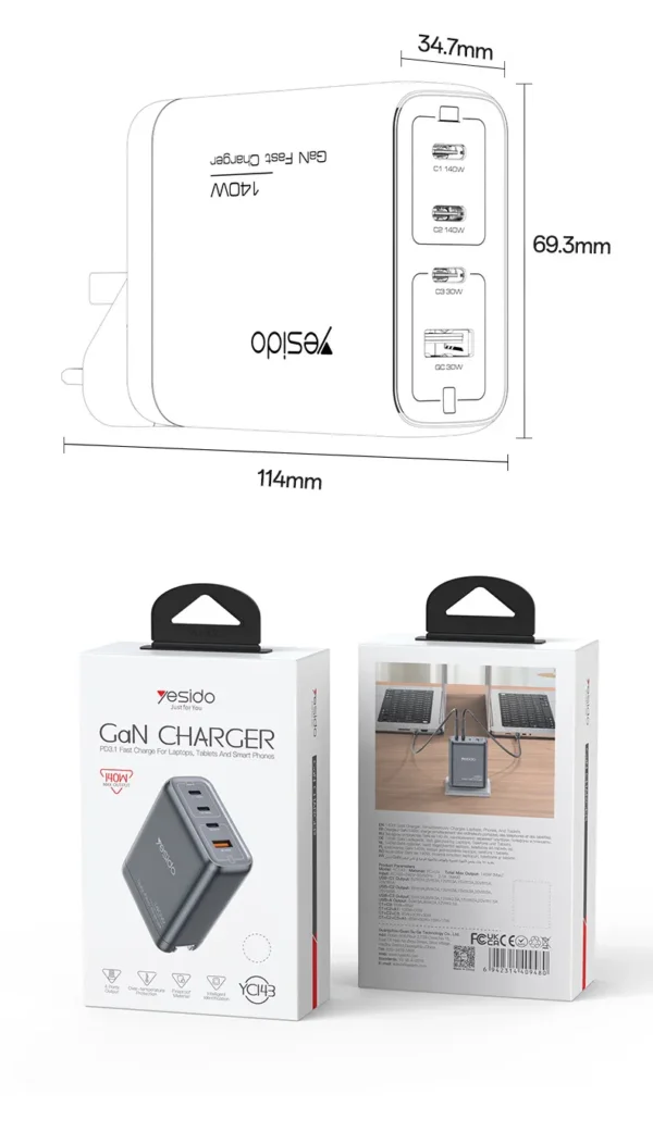 YC143 EU charger من YESIDO شاحن GaN 140W عالي السرعة