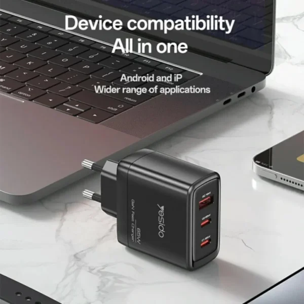 YC144C من YESIDO شاحن GaN سريع 65W متعدد المنافذ