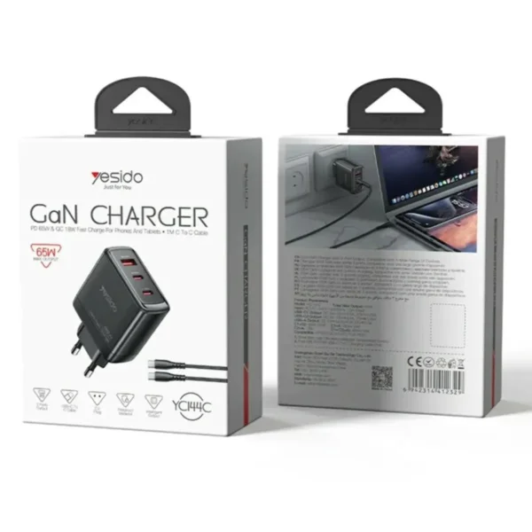YC144C من YESIDO شاحن GaN سريع 65W متعدد المنافذ