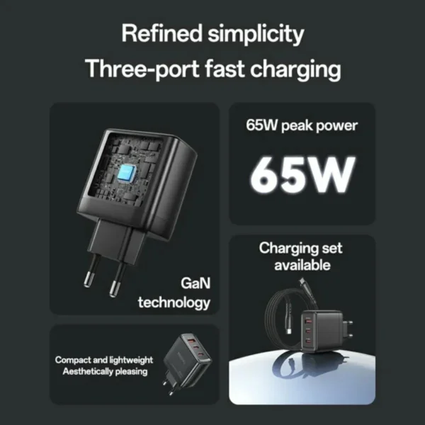 YC144C من YESIDO شاحن GaN سريع 65W متعدد المنافذ