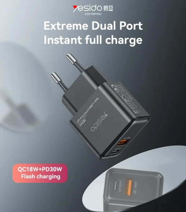 YC64 من YESIDO شاحن GaN سريع 30W بمنفذين USB و Type-C