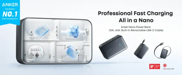 باور بانك Anker Nano سعة 10000mAh شحن سريع مدمج قابل للسحب