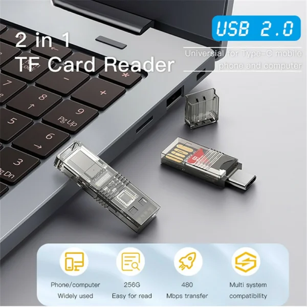 قارئ كرت ذاكرة 2 في 1 USB و Type-C من Yesido– سرعة 480Mbps