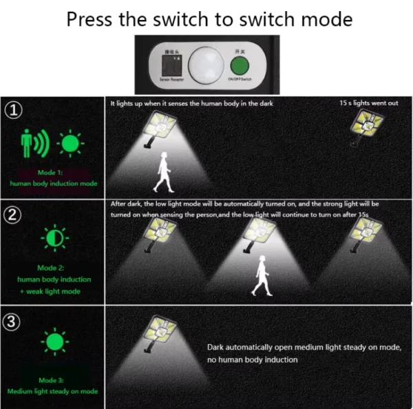 كشاف شمسي LED خارجي مع حساس حركة مقاوم للماء IP65 للحدائق والمداخل