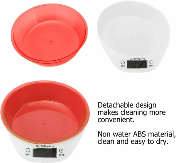 ميزان مطبخ رقمي مع وعاء قابل للإزالة – دقة 1 جرام وسعة 5 كجم